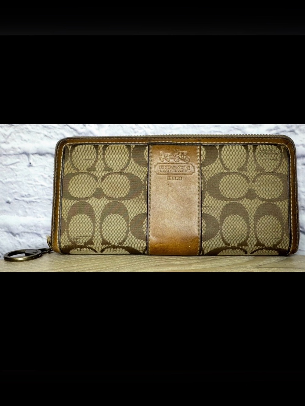 Coach Signature Canvas Zip Wallet in Tan and Brown